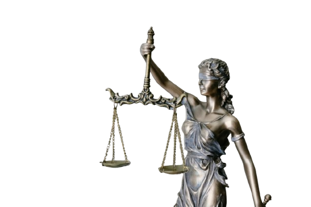 Statue von Justitia, die mit verbundenen Augen ein Richtschwert und eine Waage in den Händen hält